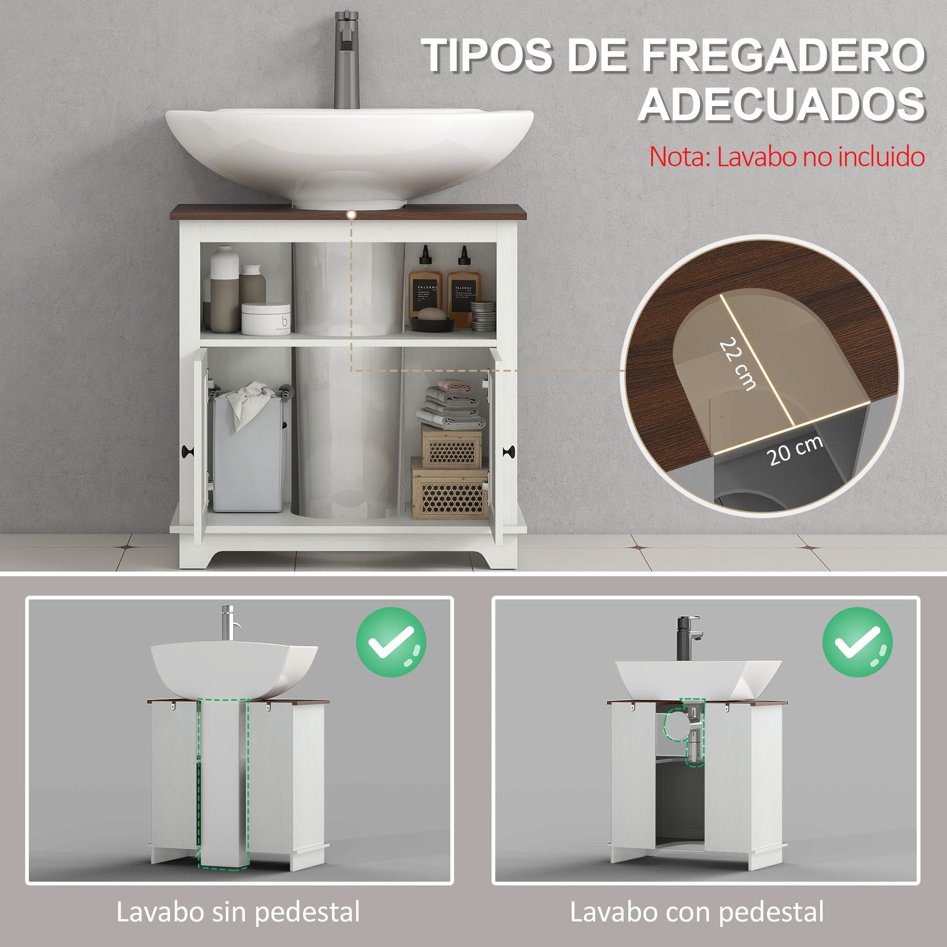 Wood Under Sink Bathroom Cabinet Floor Standing Vanity Unit with 2 Doors and Shelf 60x30x60 cm White