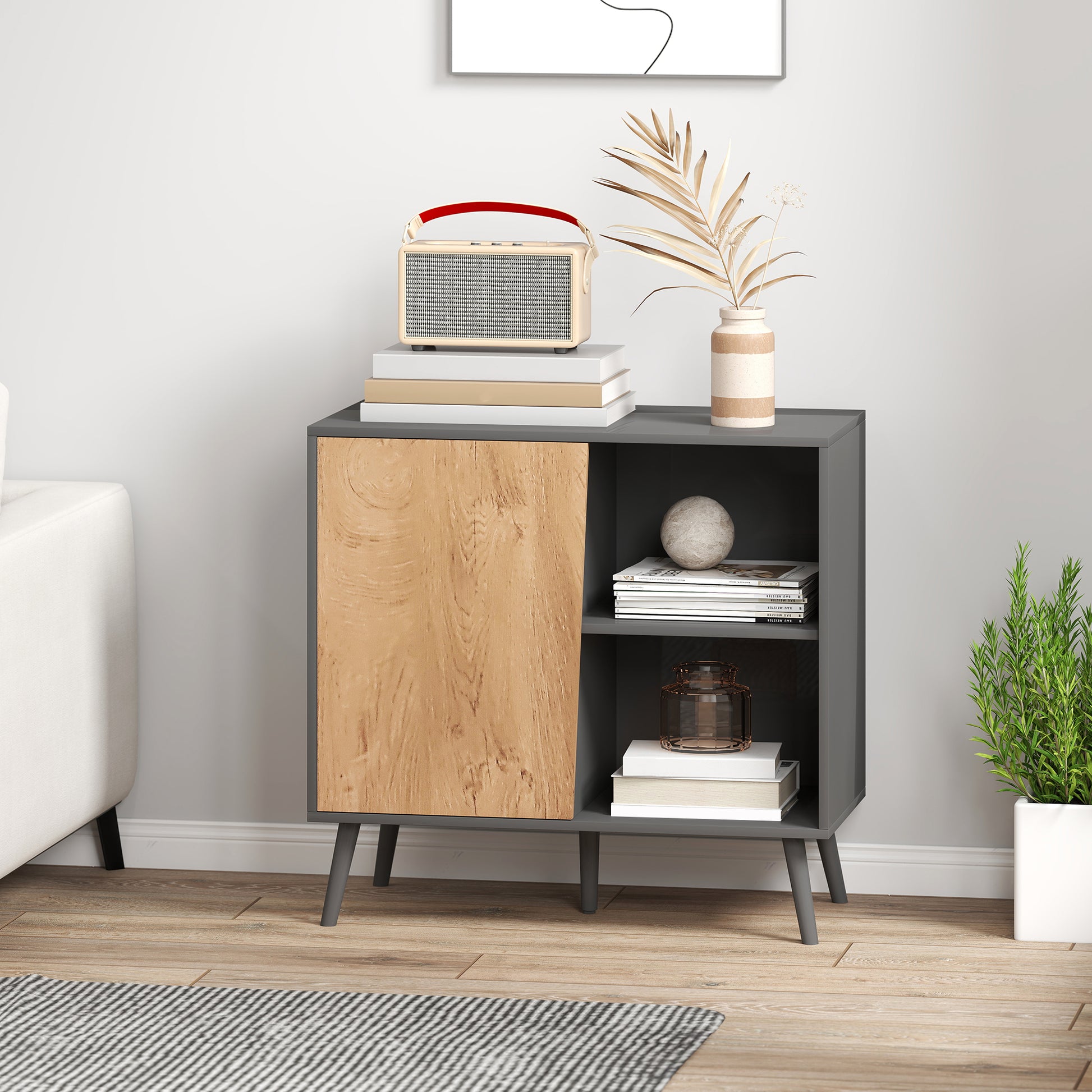 Sideboard Buffet with Cabinet and Storage Compartment with Adjustable Shelves on 3 Levels, Modern Cabinet with Pine Wood Legs, 80x39x76 cm, Dark Gray