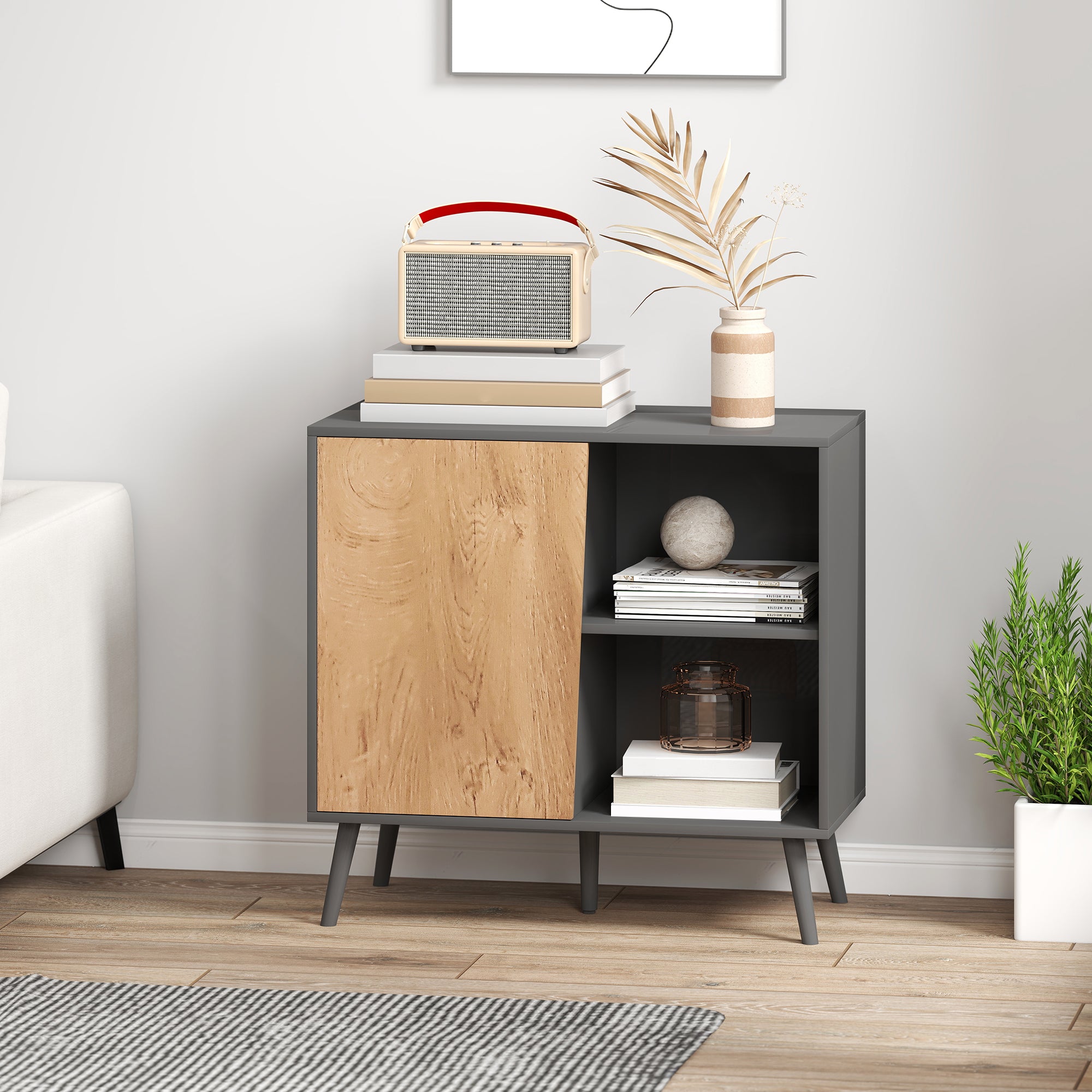 Sideboard Buffet with Cabinet and Storage Compartment with Adjustable Shelves on 3 Levels, Modern Cabinet with Pine Wood Legs, 80x39x76 cm, Dark Gray