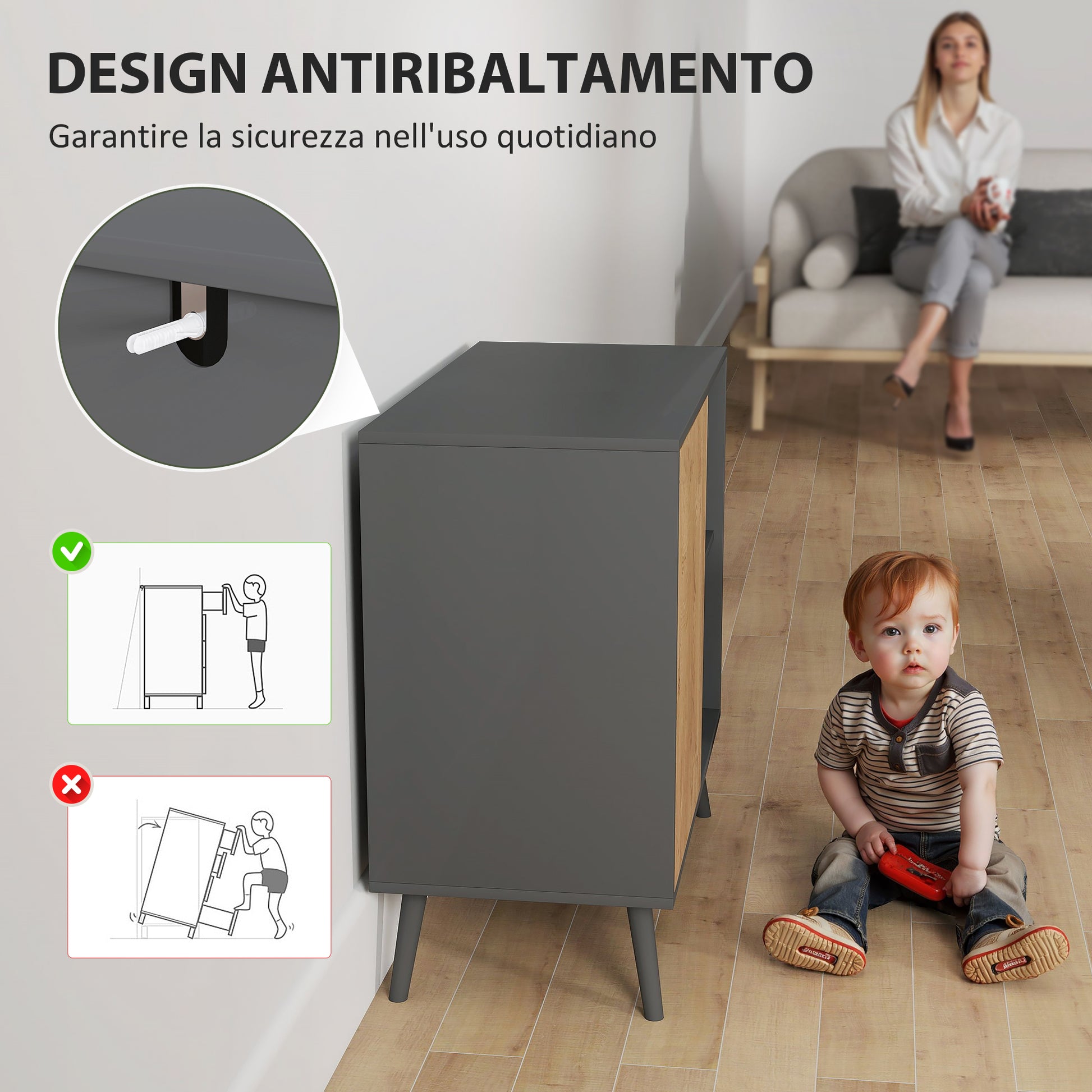 Sideboard Buffet with Cabinet and Storage Compartment with Adjustable Shelves on 3 Levels, Modern Cabinet with Pine Wood Legs, 80x39x76 cm, Dark Gray