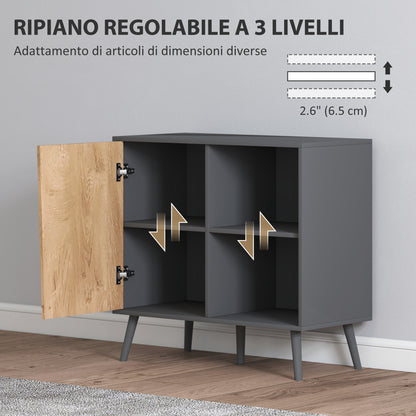 Sideboard Buffet with Cabinet and Storage Compartment with Adjustable Shelves on 3 Levels, Modern Cabinet with Pine Wood Legs, 80x39x76 cm, Dark Gray