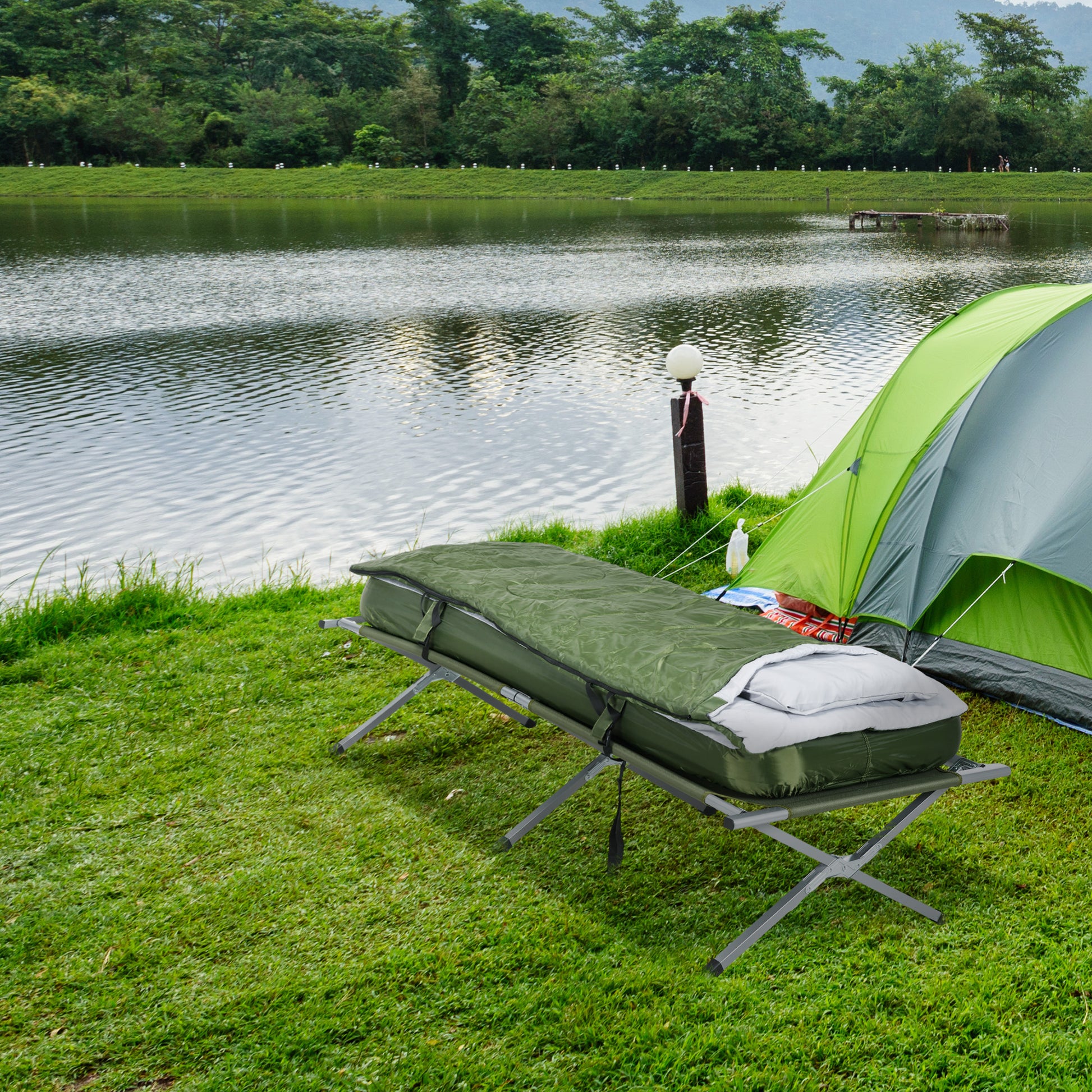 Folding Camping Bed with Pillow Mattress Carry Bag Pump 193 x 78 cm Guest Bed for Adults Camping Cot Green