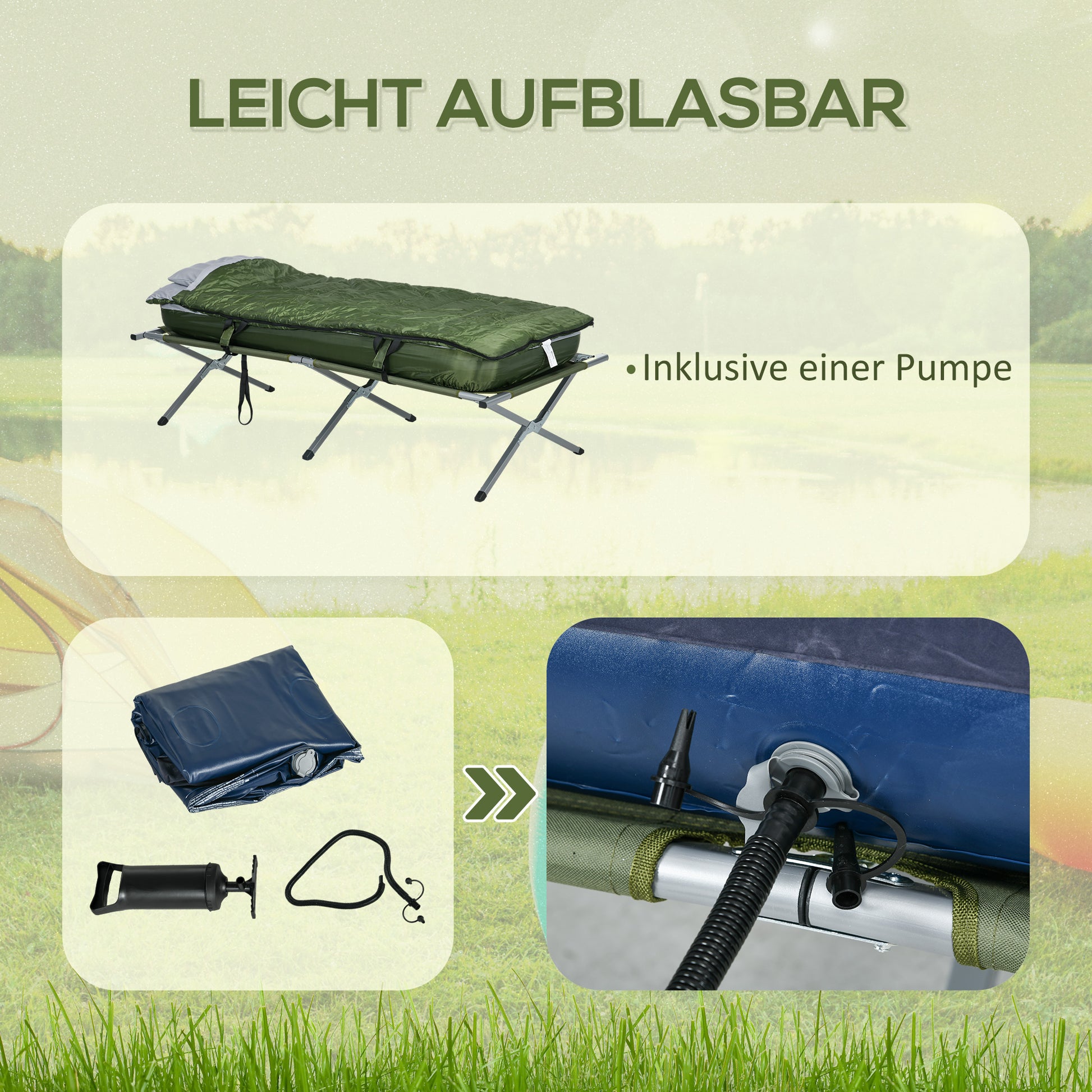 Folding Camping Bed with Pillow Mattress Carry Bag Pump 193 x 78 cm Guest Bed for Adults Camping Cot Green
