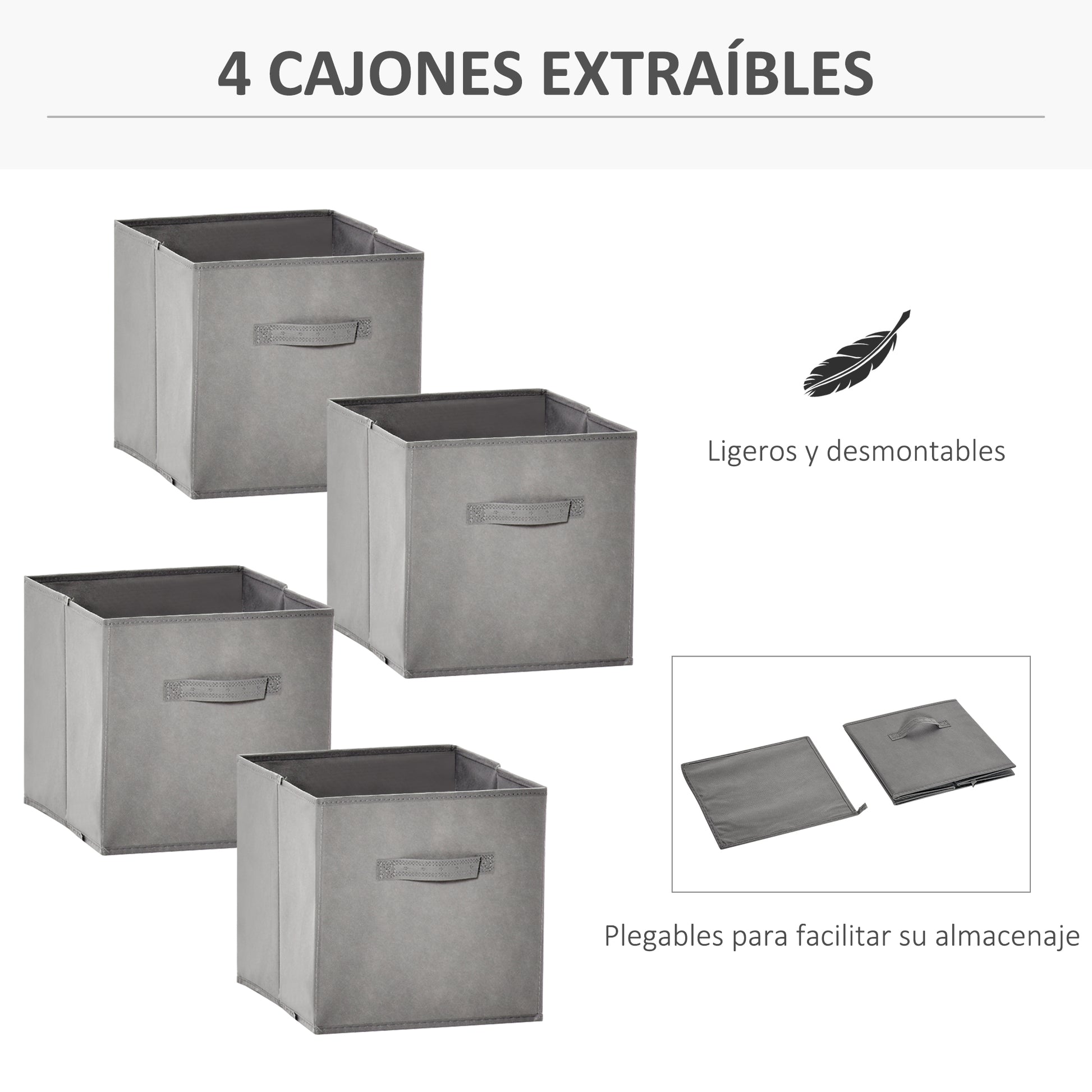 8-Cube Bookshelf Modular Bookcase with 4 Removable Non-Woven Fabric Drawers for Office Study Bedroom 61.5x30x121.6 cm White and Gray