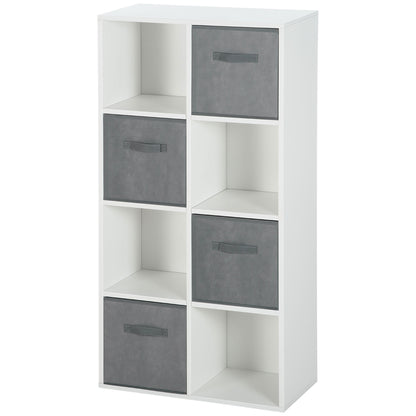 8-Cube Bookshelf Modular Bookcase with 4 Removable Non-Woven Fabric Drawers for Office Study Bedroom 61.5x30x121.6 cm White and Gray
