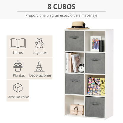 8-Cube Bookshelf Modular Bookcase with 4 Removable Non-Woven Fabric Drawers for Office Study Bedroom 61.5x30x121.6 cm White and Gray
