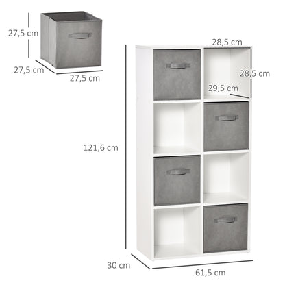 8-Cube Bookshelf Modular Bookcase with 4 Removable Non-Woven Fabric Drawers for Office Study Bedroom 61.5x30x121.6 cm White and Gray