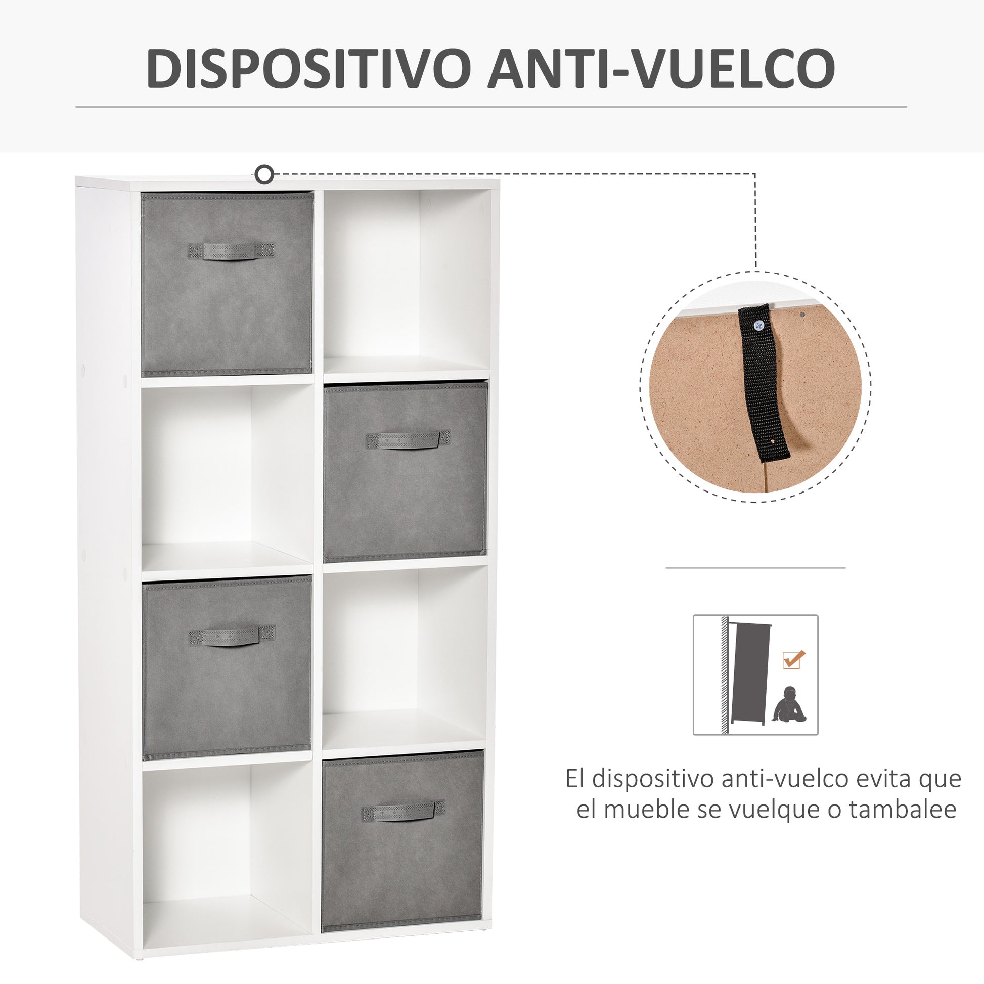 8-Cube Bookshelf Modular Bookcase with 4 Removable Non-Woven Fabric Drawers for Office Study Bedroom 61.5x30x121.6 cm White and Gray