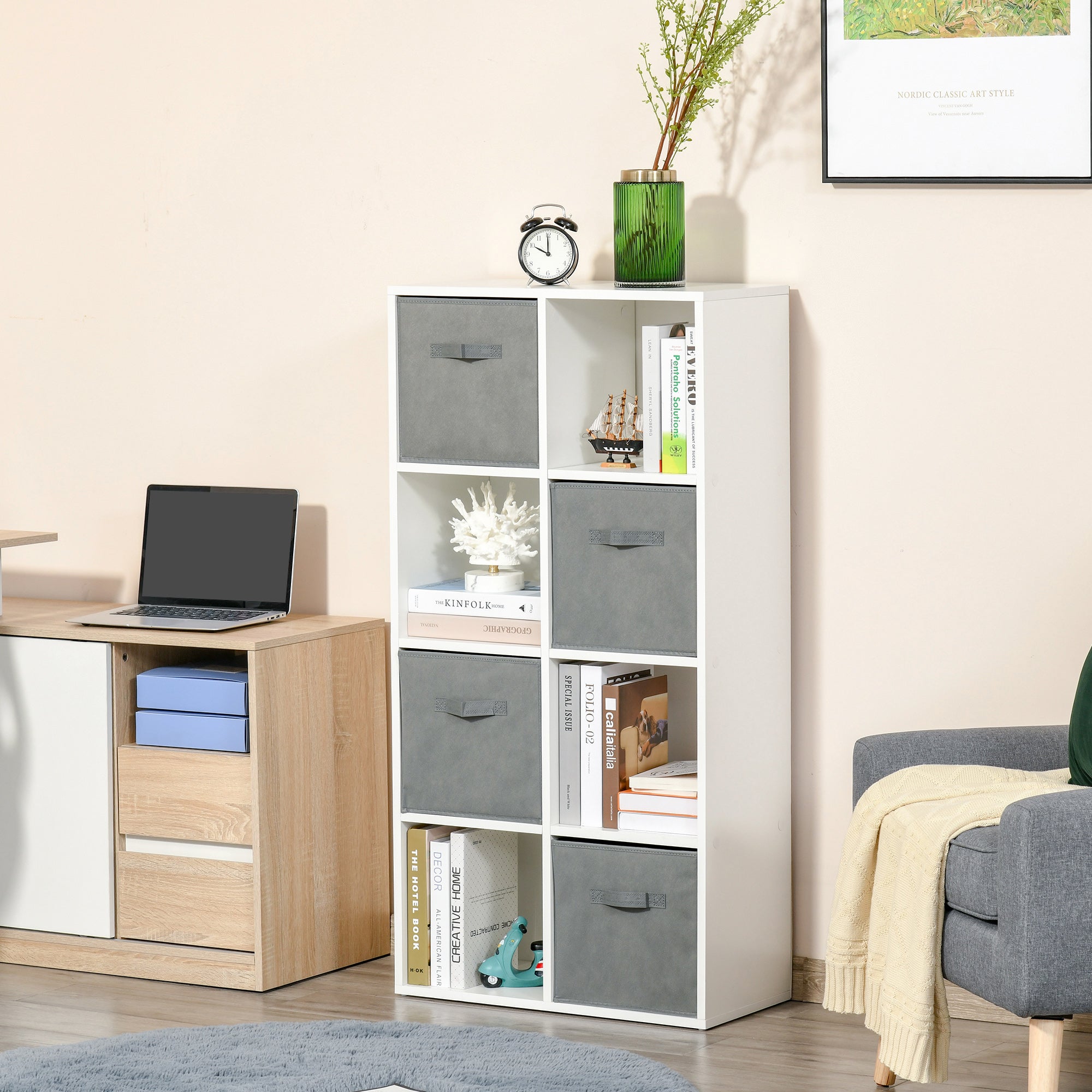 8-Cube Bookshelf Modular Bookcase with 4 Removable Non-Woven Fabric Drawers for Office Study Bedroom 61.5x30x121.6 cm White and Gray