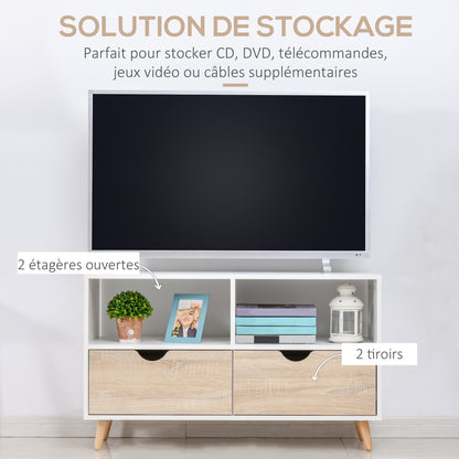 Low Scandinavian Style TV Stand 2 Drawers Light Oak White