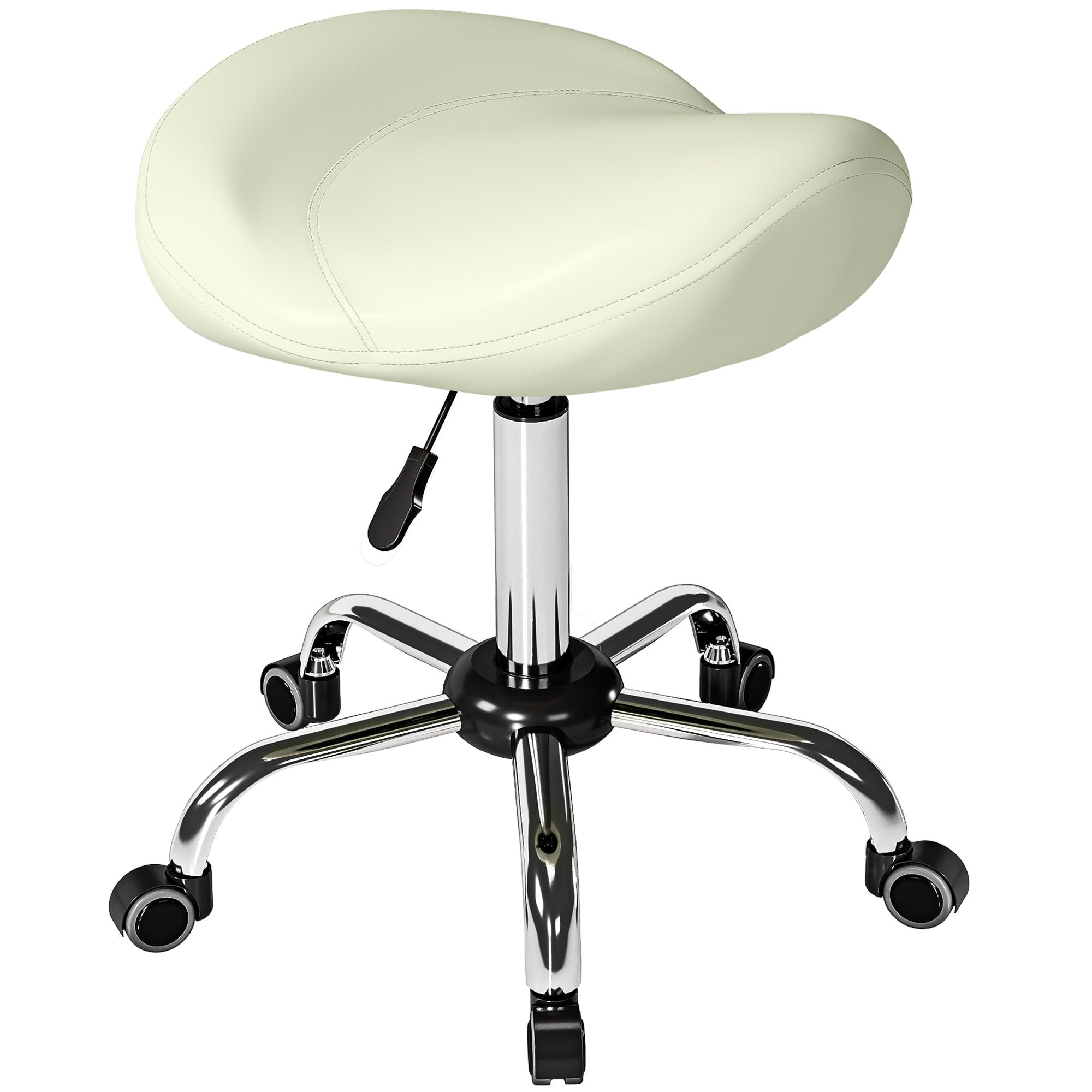 Height-Adjustable Rolling Stool 21.7–28.0 in, Swivel Saddle Seat with Thick Cushion, 360° Office/Salon Massage Spa Stool – Cream