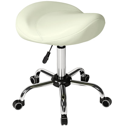 Height-Adjustable Rolling Stool 21.7–28.0 in, Swivel Saddle Seat with Thick Cushion, 360° Office/Salon Massage Spa Stool – Cream