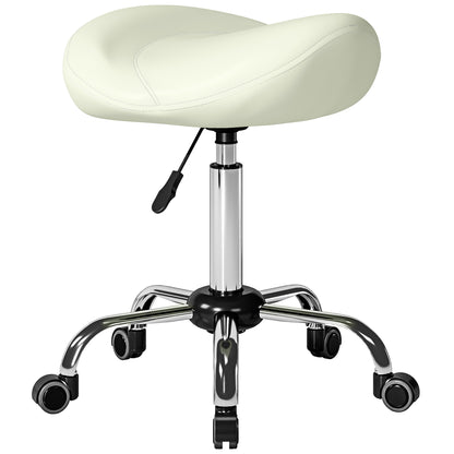 Height-Adjustable Rolling Stool 21.7–28.0 in, Swivel Saddle Seat with Thick Cushion, 360° Office/Salon Massage Spa Stool – Cream
