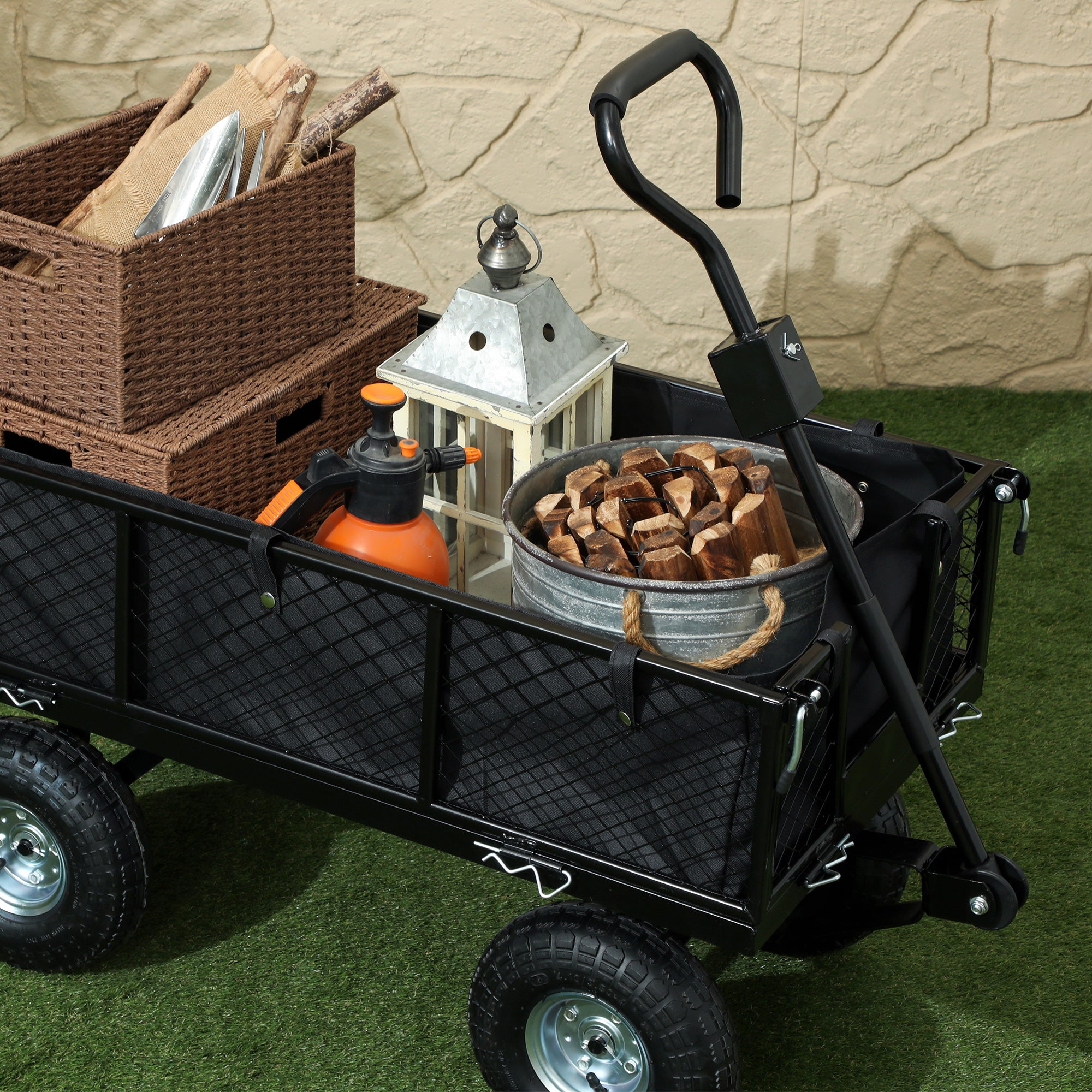 Garden Wagon 300 kg Capacity Transport Cart with Air Tires, Removable Cover Handle Wheels Front Axle Wagon Handcart Garden Cart 114 L Utility Cart for Home Garden Black