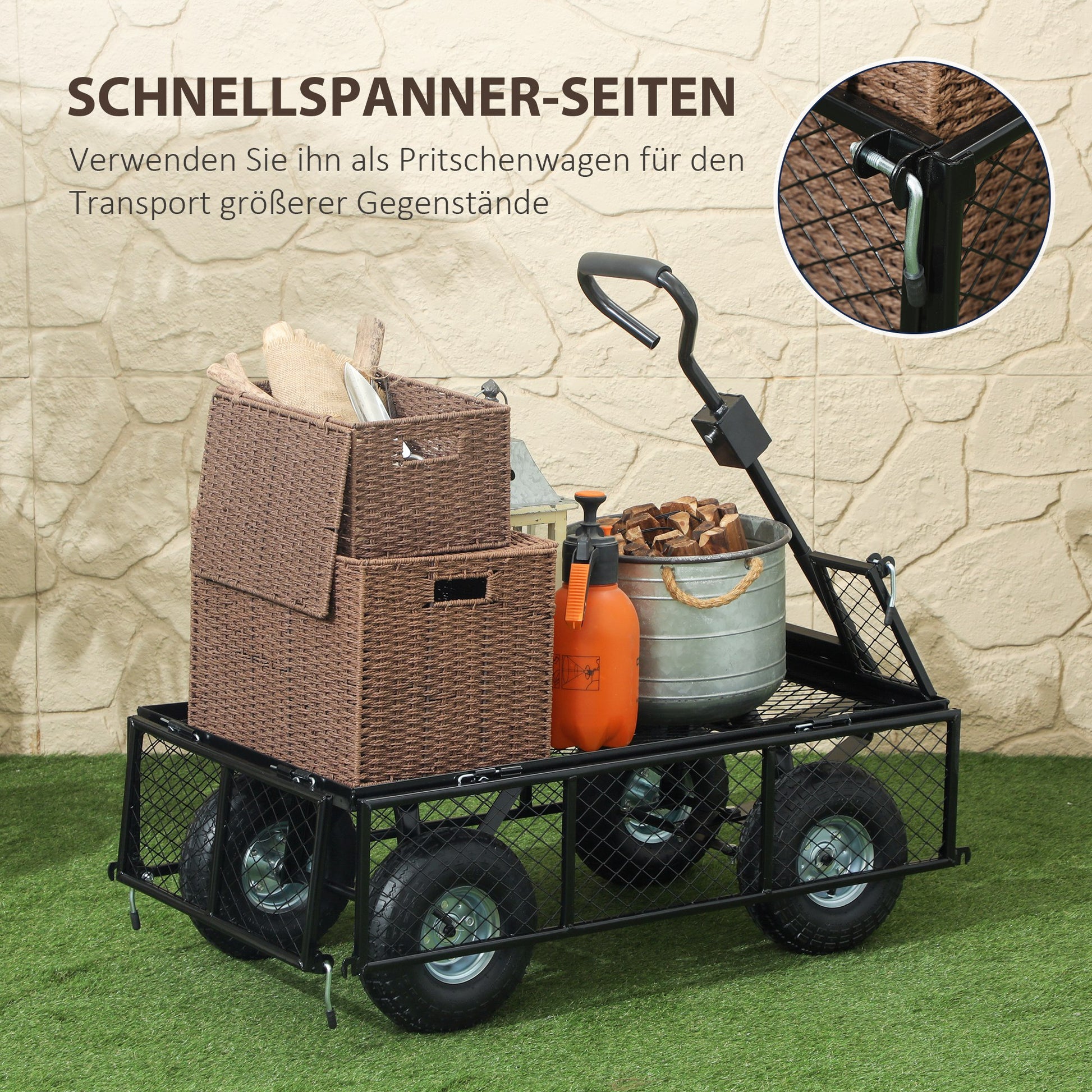 Garden Wagon 300 kg Capacity Transport Cart with Air Tires, Removable Cover Handle Wheels Front Axle Wagon Handcart Garden Cart 114 L Utility Cart for Home Garden Black