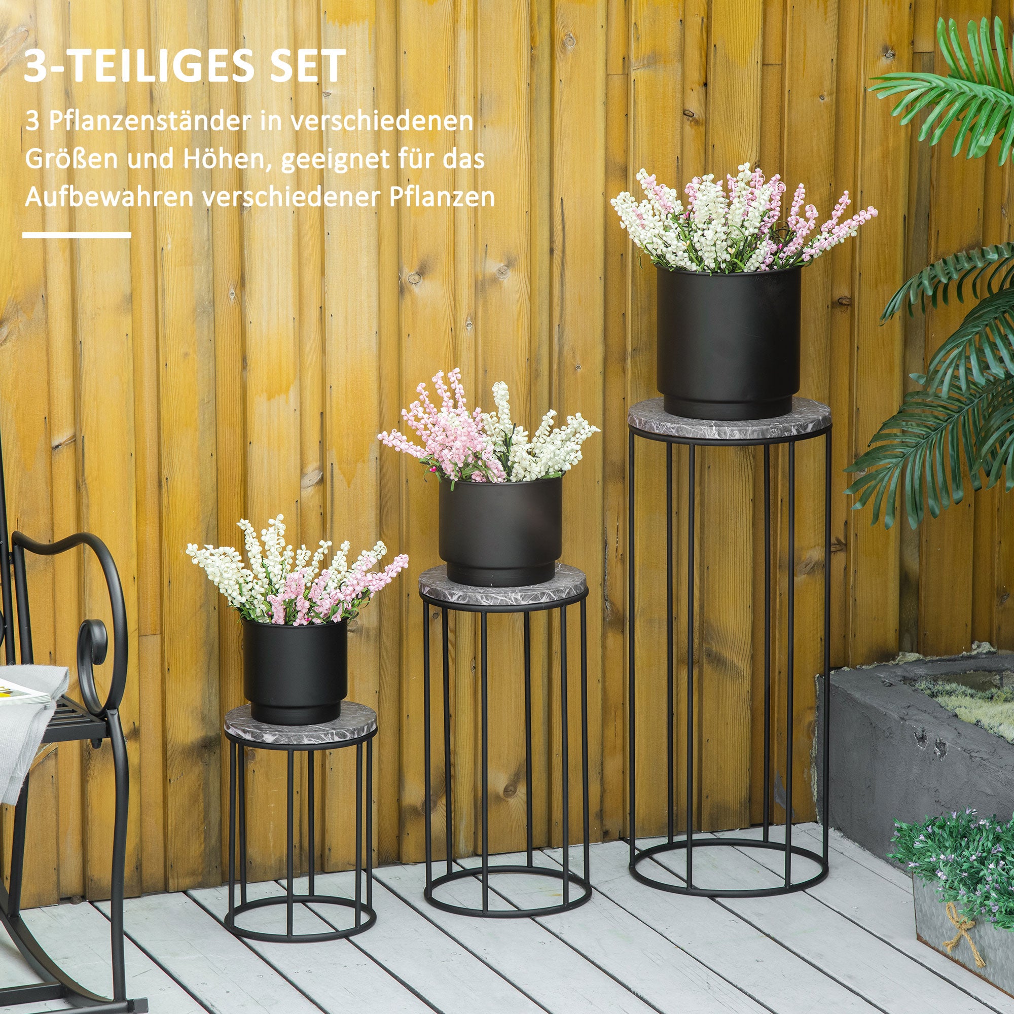 Flower Stand 3 Piece Set Made of Metal Plant Stand Set in Marble Look Flower Stool Flower Pot Holder Stackable Plant Stool for Flower Pot Black+Gray