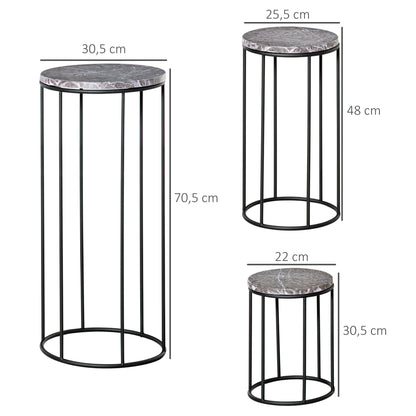 Flower Stand 3 Piece Set Made of Metal Plant Stand Set in Marble Look Flower Stool Flower Pot Holder Stackable Plant Stool for Flower Pot Black+Gray