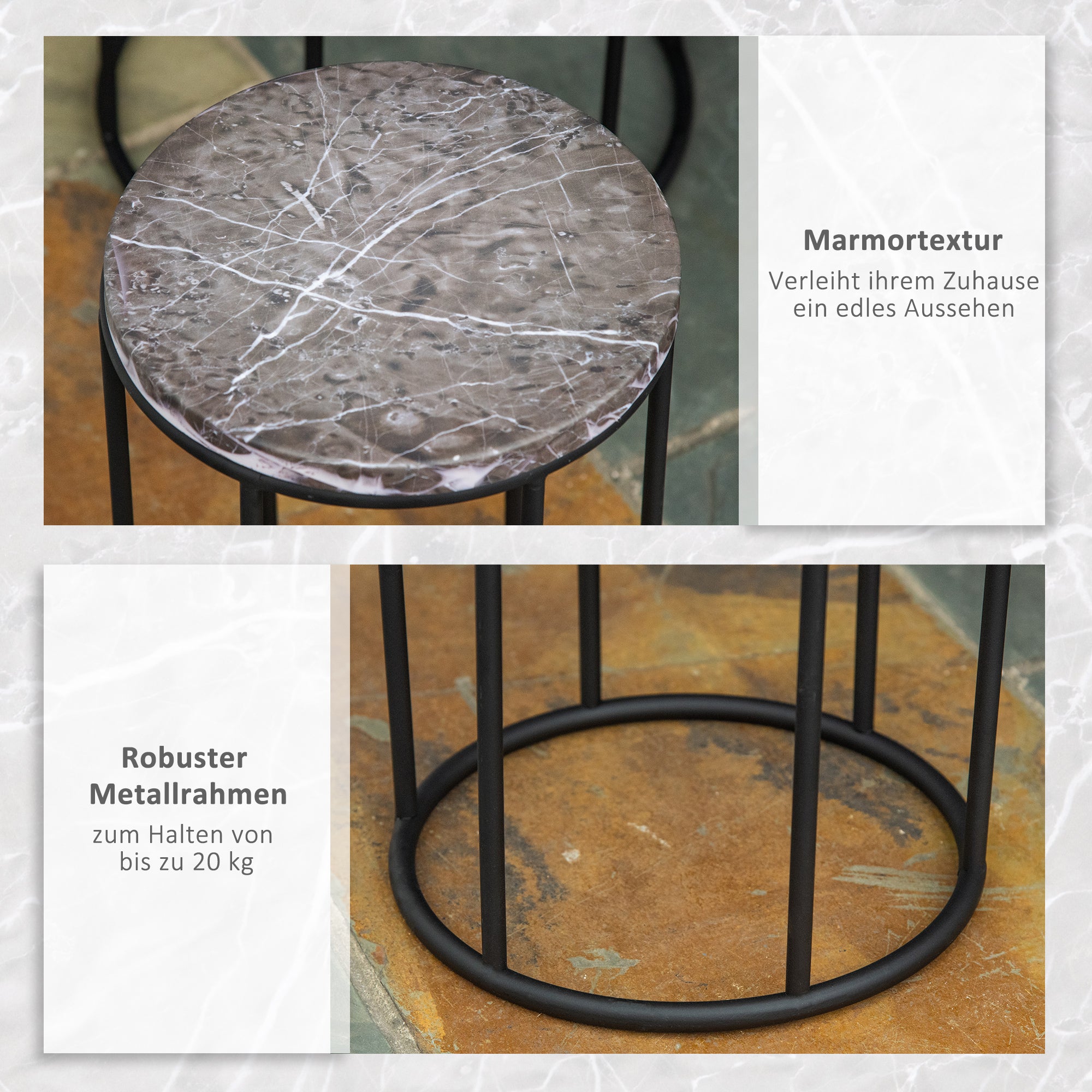 Flower Stand 3 Piece Set Made of Metal Plant Stand Set in Marble Look Flower Stool Flower Pot Holder Stackable Plant Stool for Flower Pot Black+Gray