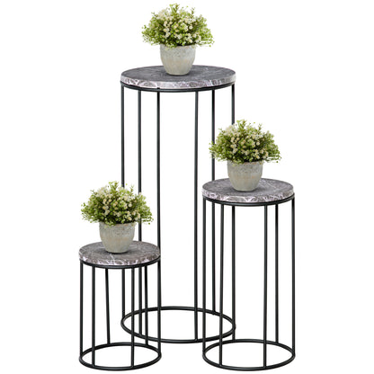 Flower Stand 3 Piece Set Made of Metal Plant Stand Set in Marble Look Flower Stool Flower Pot Holder Stackable Plant Stool for Flower Pot Black+Gray