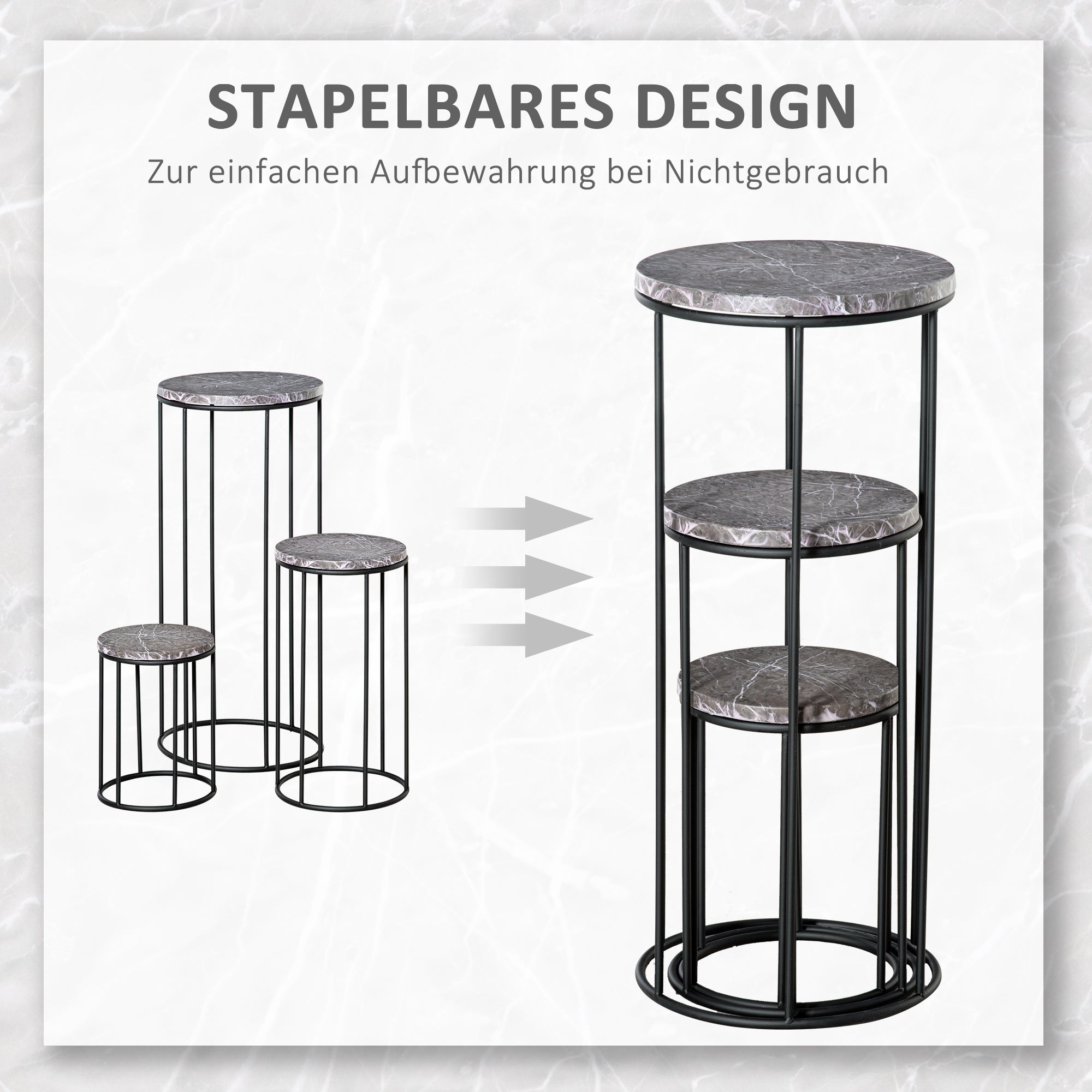 Flower Stand 3 Piece Set Made of Metal Plant Stand Set in Marble Look Flower Stool Flower Pot Holder Stackable Plant Stool for Flower Pot Black+Gray