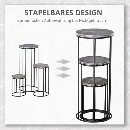 Flower Stand 3 Piece Set Made of Metal Plant Stand Set in Marble Look Flower Stool Flower Pot Holder Stackable Plant Stool for Flower Pot Black+Gray