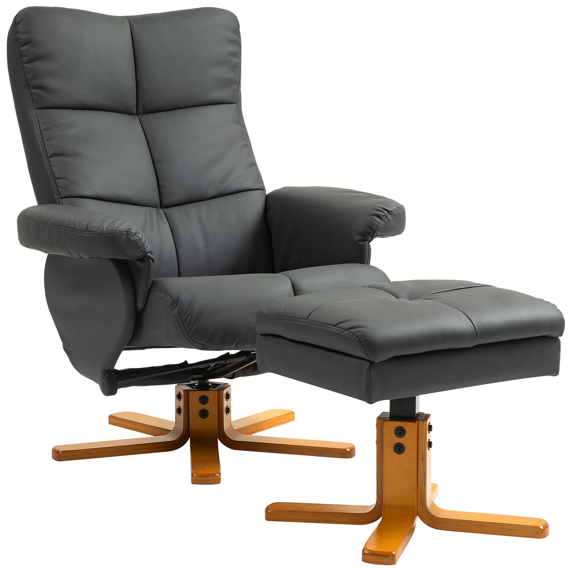 Relaxation Chair with Footstool, Storage Space, Padded TV Chair with Reclining Function, 360° Swivel TV Chair for Bedroom, Living Room, Faux Leather, Dark Gray