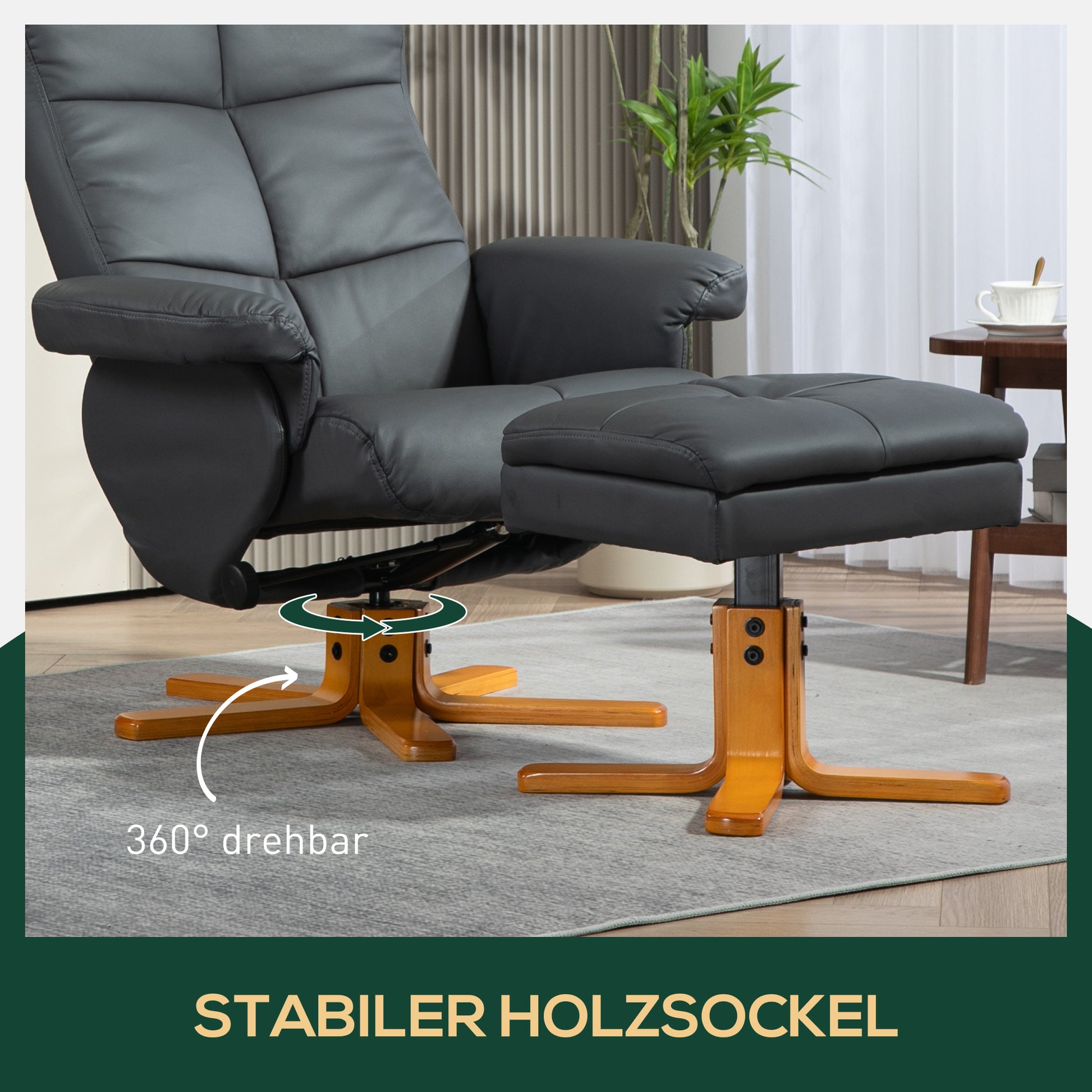 Relaxation Chair with Footstool, Storage Space, Padded TV Chair with Reclining Function, 360° Swivel TV Chair for Bedroom, Living Room, Faux Leather, Dark Gray