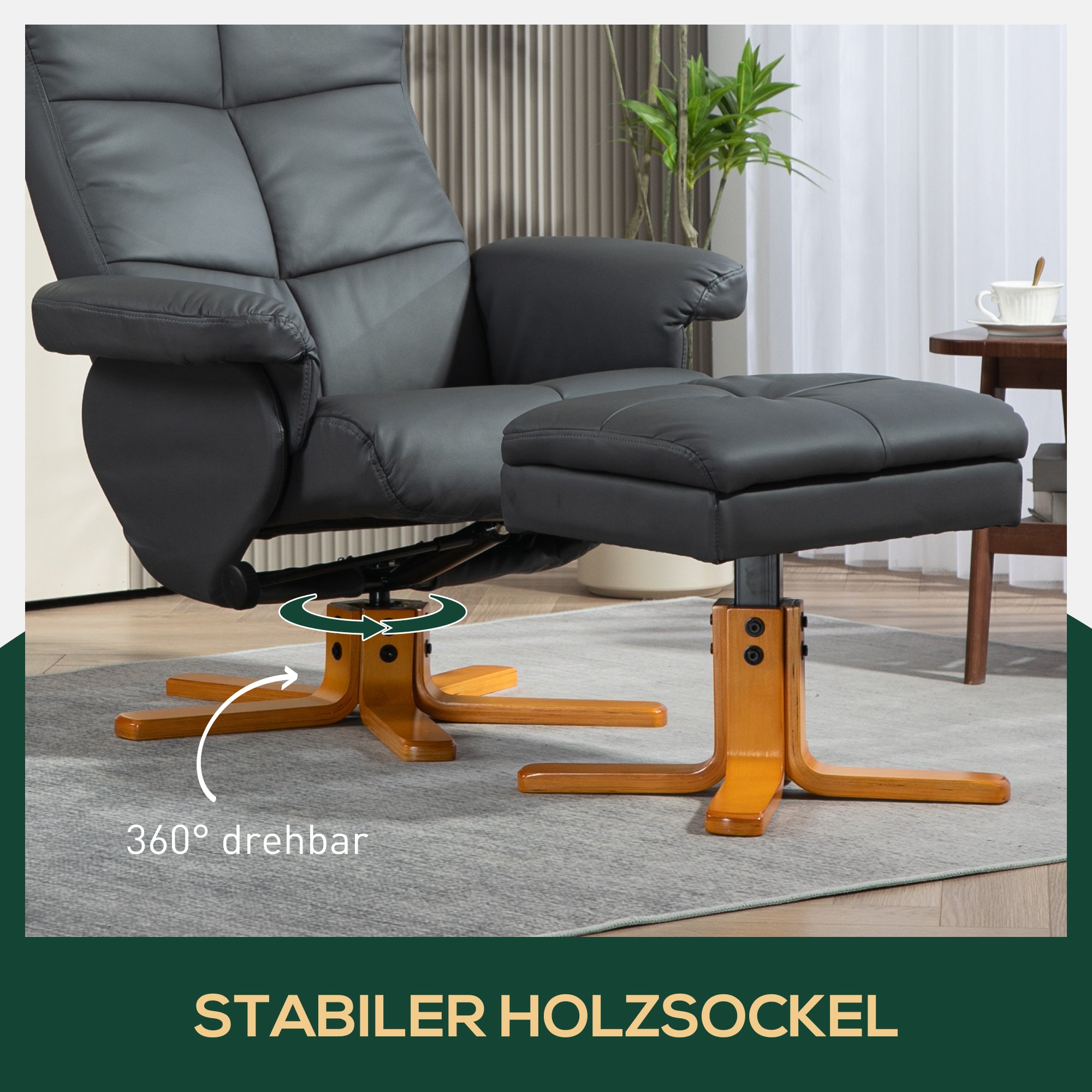 Relaxation Chair with Footstool, Storage Space, Padded TV Chair with Reclining Function, 360° Swivel TV Chair for Bedroom, Living Room, Faux Leather, Dark Gray