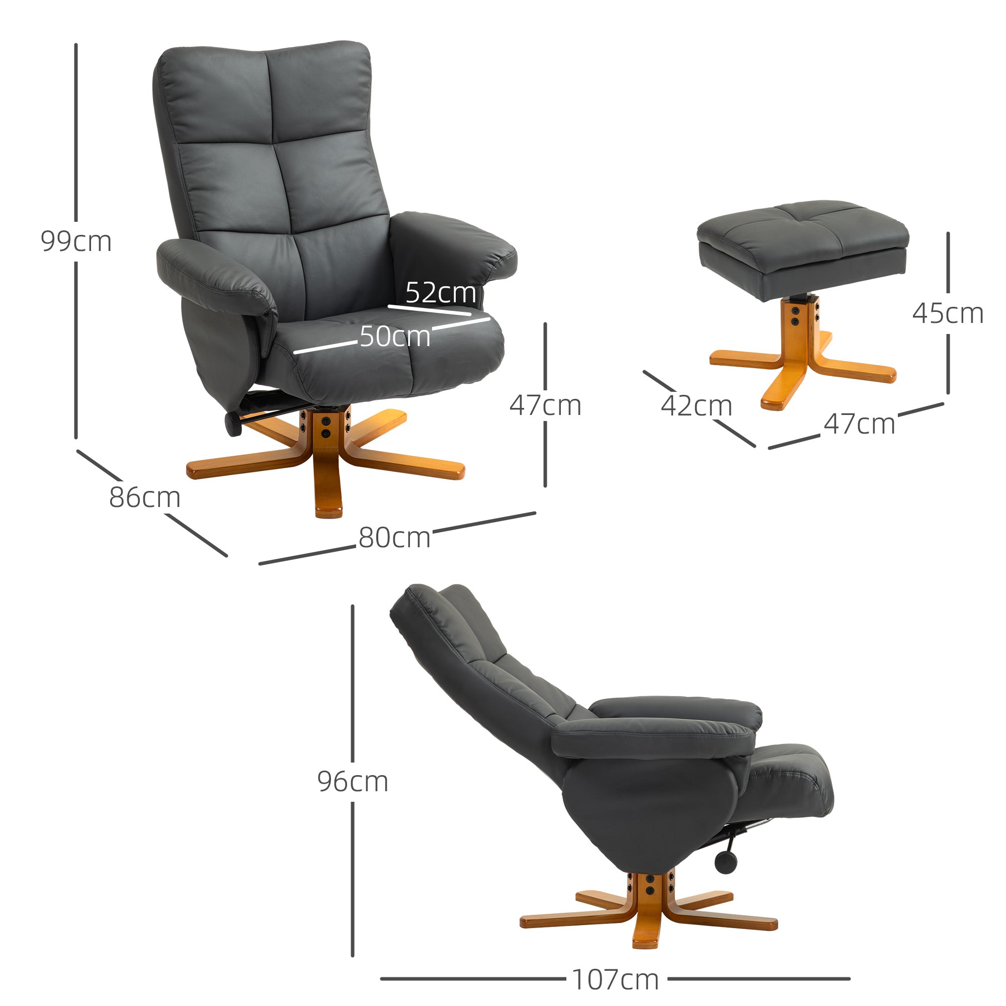 Relaxation Chair with Footstool, Storage Space, Padded TV Chair with Reclining Function, 360° Swivel TV Chair for Bedroom, Living Room, Faux Leather, Dark Gray