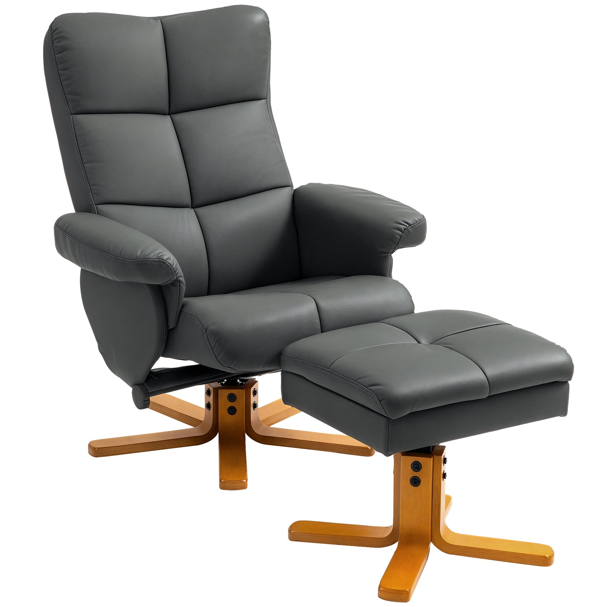 Relaxation Chair with Footstool, Storage Space, Padded TV Chair with Reclining Function, 360° Swivel TV Chair for Bedroom, Living Room, Faux Leather, Dark Gray