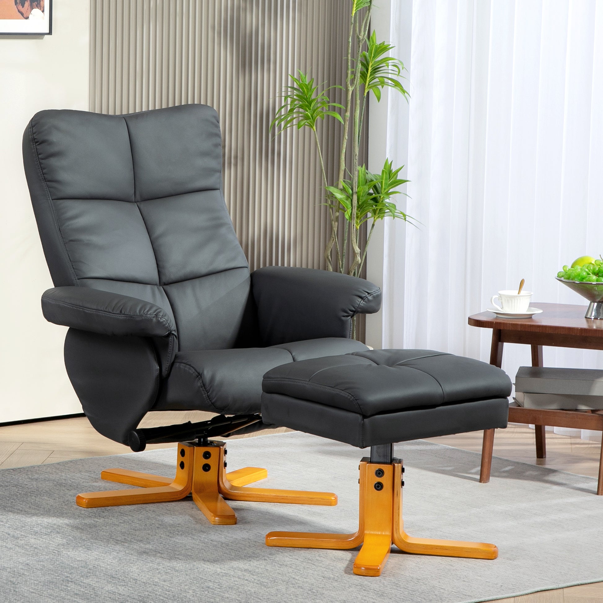 Relaxation Chair with Footstool, Storage Space, Padded TV Chair with Reclining Function, 360° Swivel TV Chair for Bedroom, Living Room, Faux Leather, Dark Gray
