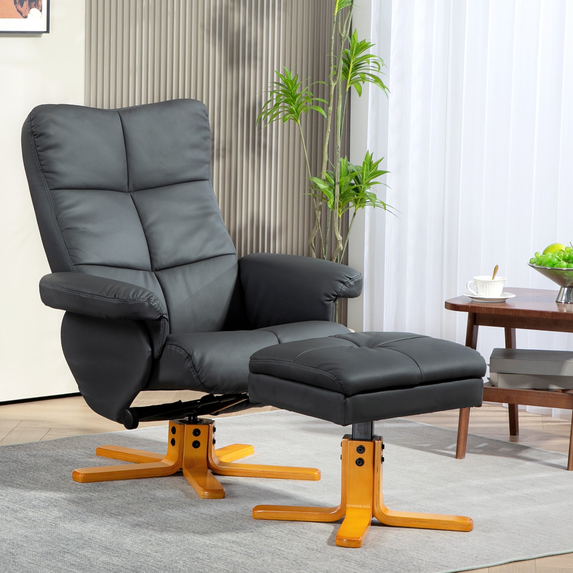 Relaxation Chair with Footstool, Storage Space, Padded TV Chair with Reclining Function, 360° Swivel TV Chair for Bedroom, Living Room, Faux Leather, Dark Gray