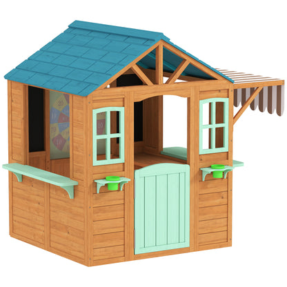 Wooden Outdoor Playhouse with Market Counter, Planters & Chalkboard – Multicolor, for Ages 3–6, 142 x 120 x 141.5 cm