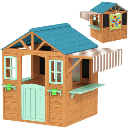 Wooden Outdoor Playhouse with Market Counter, Planters & Chalkboard – Multicolor, for Ages 3–6, 142 x 120 x 141.5 cm