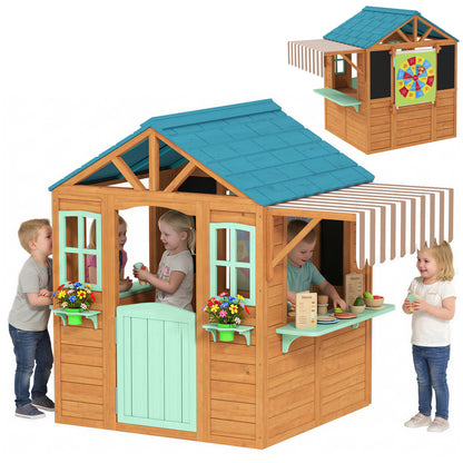 Wooden Outdoor Playhouse with Market Counter, Planters & Chalkboard – Multicolor, for Ages 3–6, 142 x 120 x 141.5 cm