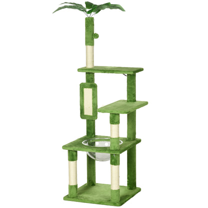 Multi-Level Cat Tree with Hammock, Scratching Post, Toy Ball, and Decorative Leaves, Plush Covering, 49x49x142 cm, Green