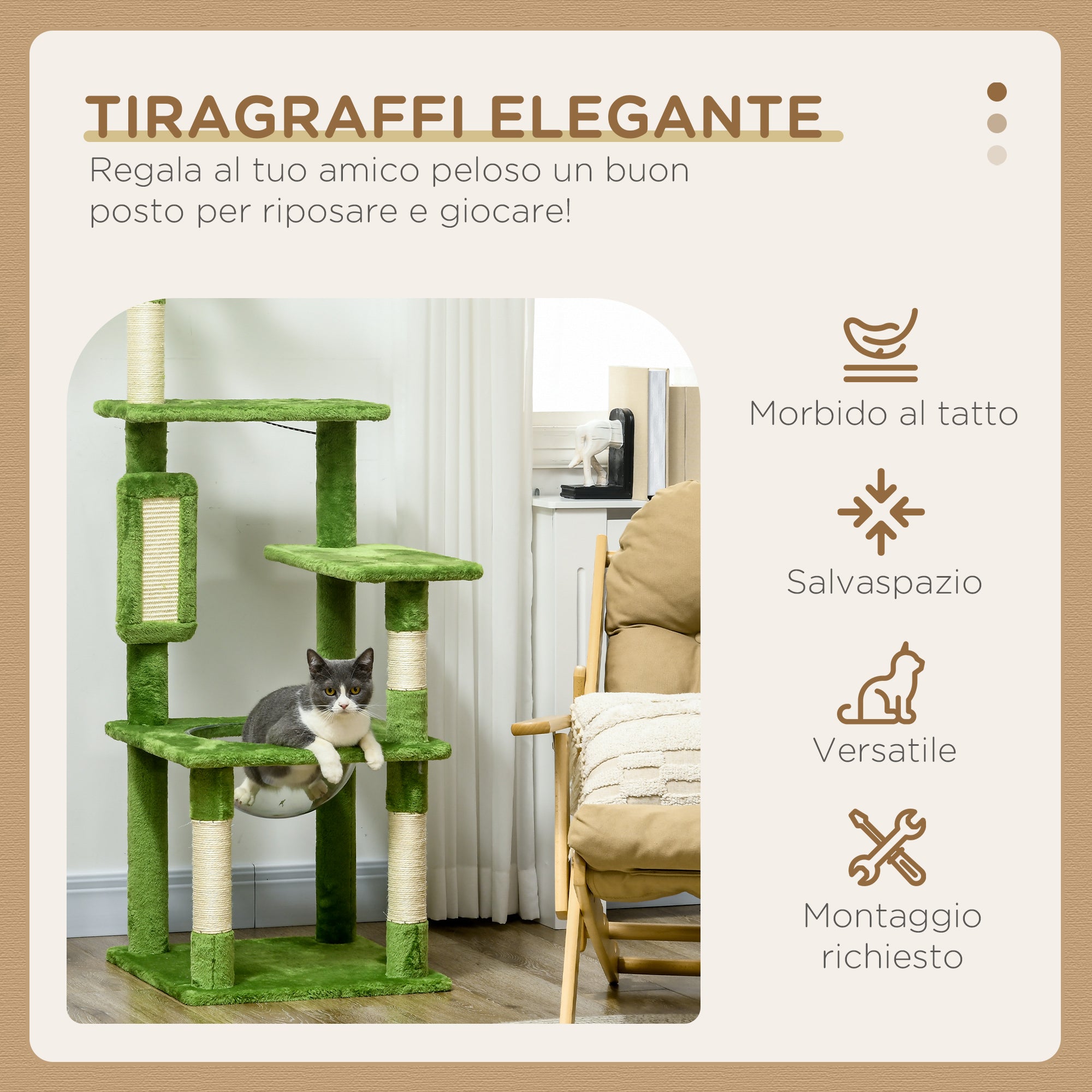 Multi-Level Cat Tree with Hammock, Scratching Post, Toy Ball, and Decorative Leaves, Plush Covering, 49x49x142 cm, Green