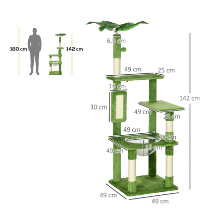 Multi-Level Cat Tree with Hammock, Scratching Post, Toy Ball, and Decorative Leaves, Plush Covering, 49x49x142 cm, Green