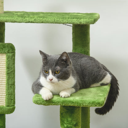 Multi-Level Cat Tree with Hammock, Scratching Post, Toy Ball, and Decorative Leaves, Plush Covering, 49x49x142 cm, Green