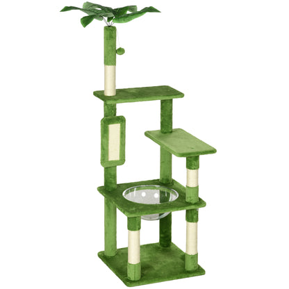 Multi-Level Cat Tree with Hammock, Scratching Post, Toy Ball, and Decorative Leaves, Plush Covering, 49x49x142 cm, Green