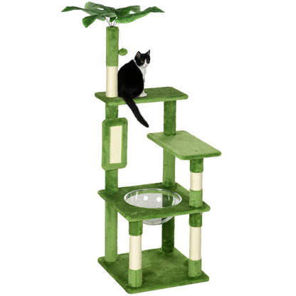 Multi-Level Cat Tree with Hammock, Scratching Post, Toy Ball, and Decorative Leaves, Plush Covering, 49x49x142 cm, Green