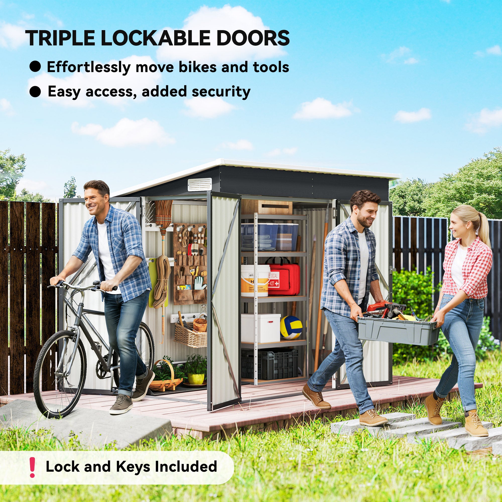 28.8 ft² Metal Garden Shed – Lockable, 3 Doors, Ventilated, Single-Slope Roof, Gloves Included (92 x 52 x 73 in)