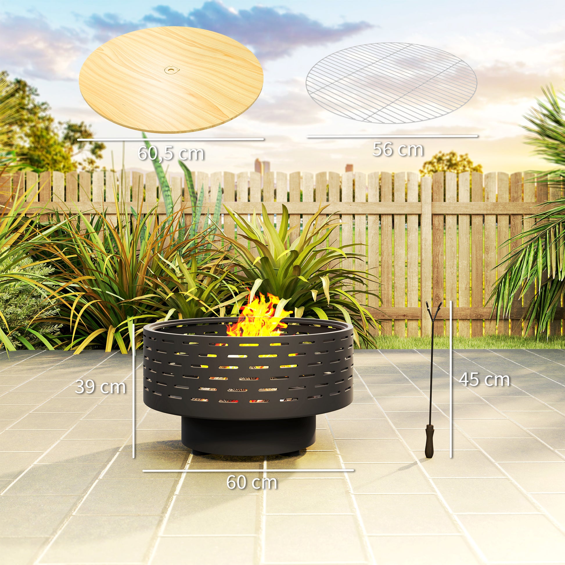 3-in-1 Fire Pit Ø60 x 39cm Stainless Steel Fire Pit with Grill Grate Poker Spark Screen in Wood Optic Fire Bowl Fire Basket for Garden, Balcony Terrace, Outdoor BBQ Camping Charcoal Gray