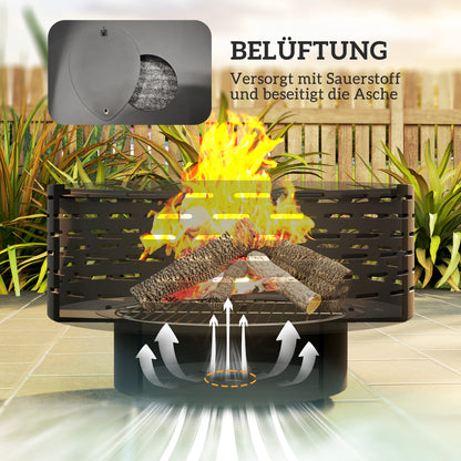3-in-1 Fire Pit Ø60 x 39cm Stainless Steel Fire Pit with Grill Grate Poker Spark Screen in Wood Optic Fire Bowl Fire Basket for Garden, Balcony Terrace, Outdoor BBQ Camping Charcoal Gray