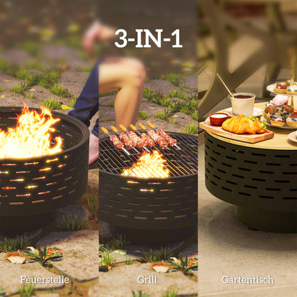 3-in-1 Fire Pit Ø60 x 39cm Stainless Steel Fire Pit with Grill Grate Poker Spark Screen in Wood Optic Fire Bowl Fire Basket for Garden, Balcony Terrace, Outdoor BBQ Camping Charcoal Gray