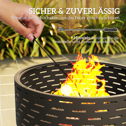 3-in-1 Fire Pit Ø60 x 39cm Stainless Steel Fire Pit with Grill Grate Poker Spark Screen in Wood Optic Fire Bowl Fire Basket for Garden, Balcony Terrace, Outdoor BBQ Camping Charcoal Gray