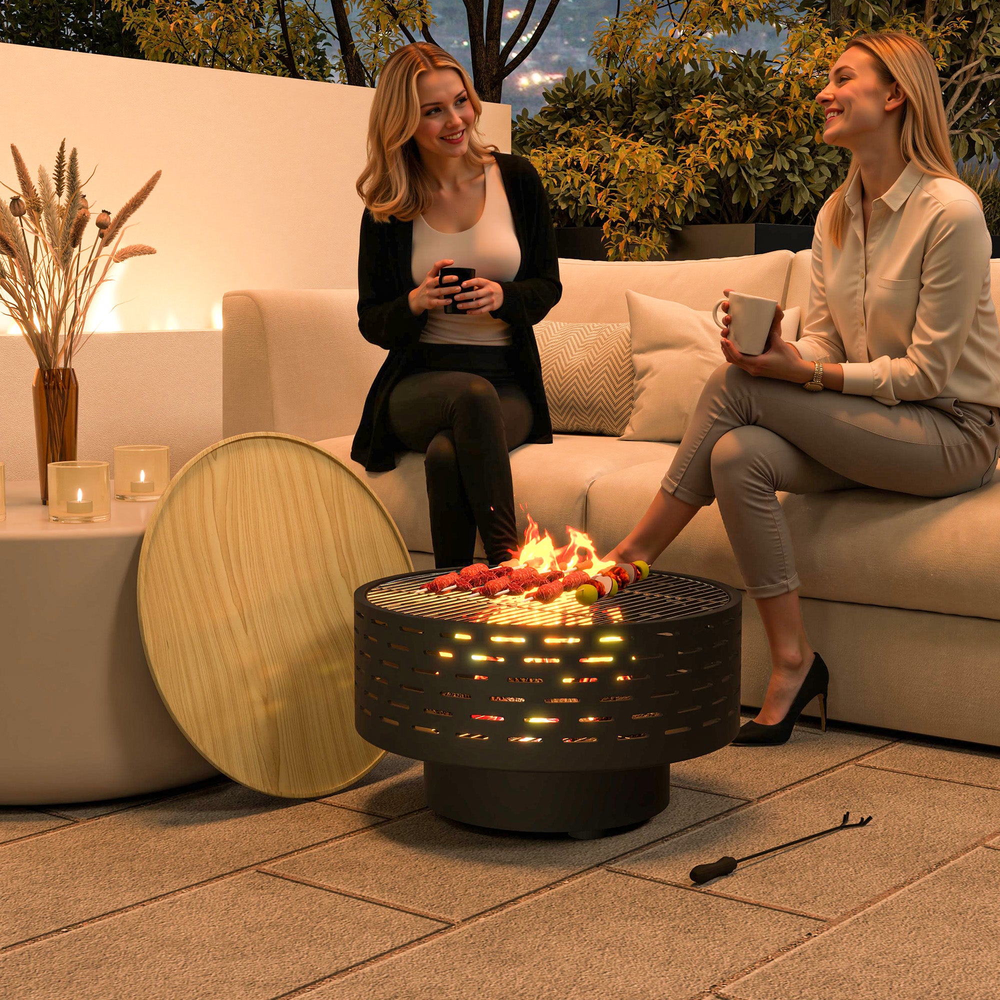 3-in-1 Fire Pit Ø60 x 39cm Stainless Steel Fire Pit with Grill Grate Poker Spark Screen in Wood Optic Fire Bowl Fire Basket for Garden, Balcony Terrace, Outdoor BBQ Camping Charcoal Gray