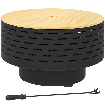 3-in-1 Fire Pit Ø60 x 39cm Stainless Steel Fire Pit with Grill Grate Poker Spark Screen in Wood Optic Fire Bowl Fire Basket for Garden, Balcony Terrace, Outdoor BBQ Camping Charcoal Gray