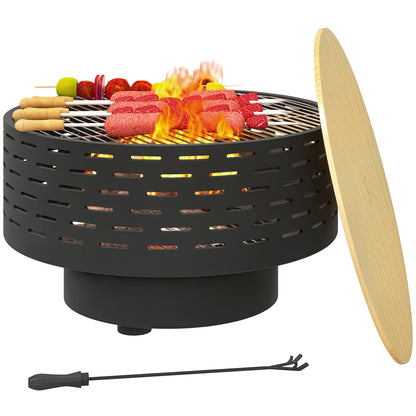 3-in-1 Fire Pit Ø60 x 39cm Stainless Steel Fire Pit with Grill Grate Poker Spark Screen in Wood Optic Fire Bowl Fire Basket for Garden, Balcony Terrace, Outdoor BBQ Camping Charcoal Gray