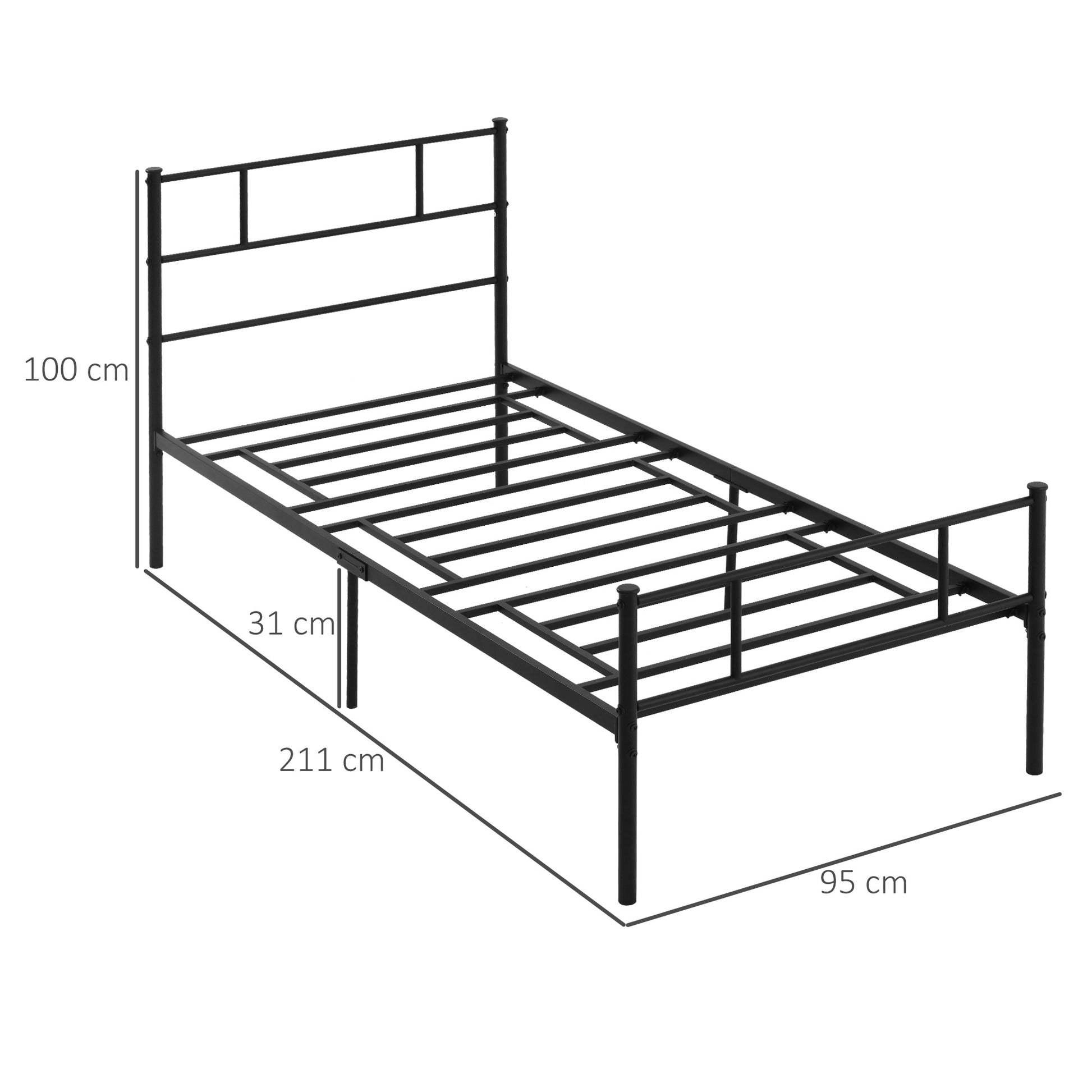 1x2m Steel Single Bed Frame, Single Slatted Frame with Integrated Slats, Headboard and Footboard Industrial Style, Black